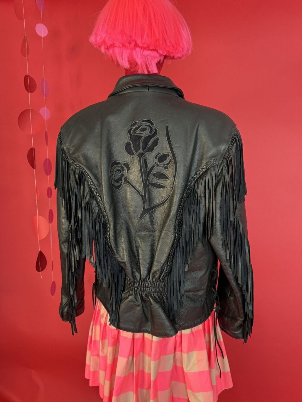 90s Vintage Fringe Leather Biker Jacket – Rose Embroidery Western Moto